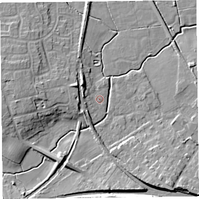 Shaded relief map of the ground around FY67ES, computed from Environment Agency LiDAR. The ground here sits at about 6 m above sea level and falls 12 m across the surrounding 800 m. Surface water reaching this point runs off ground lying to the west, 4.7 m higher.
