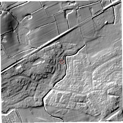Shaded relief map of the ground around FY67FL, computed from Environment Agency LiDAR. The ground here sits at about 7 m above sea level and falls 15 m across the surrounding 800 m. Surface water reaching this point runs off ground lying to the south-east, 11.5 m higher.