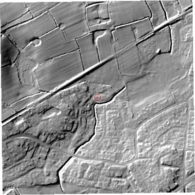 Shaded relief map of the ground around FY67FN, computed from Environment Agency LiDAR. The ground here sits at about 7 m above sea level and falls 13 m across the surrounding 800 m. Surface water reaching this point runs off ground lying to the south-east, 12.1 m higher.