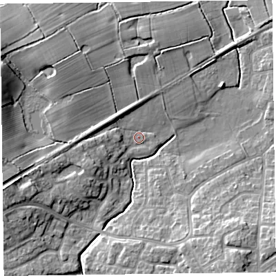 Shaded relief map of the ground around FY67FP, computed from Environment Agency LiDAR. The ground here sits at about 7 m above sea level and falls 13 m across the surrounding 800 m. Surface water reaching this point runs off ground lying to the south-east, 12.1 m higher.