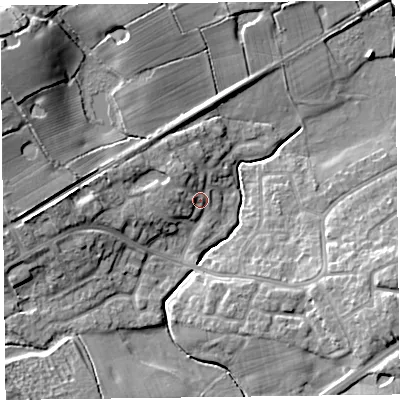 Shaded relief map of the ground around FY67FY, computed from Environment Agency LiDAR. The ground here sits at about 9 m above sea level and falls 15 m across the surrounding 800 m. Surface water reaching this point runs off ground lying to the west, 3.5 m higher.