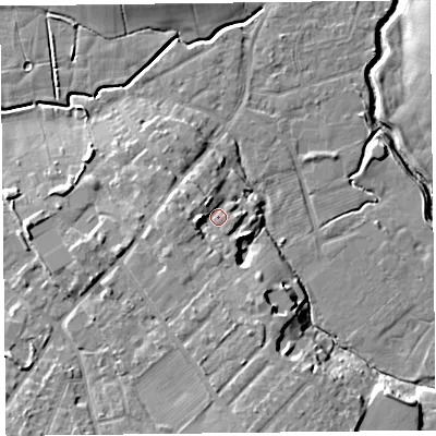Shaded relief map of the ground around FY67GF, computed from Environment Agency LiDAR. The ground here sits at about 9 m above sea level and falls 12 m across the surrounding 800 m. Surface water reaching this point runs off ground lying to the west, 4.7 m higher.