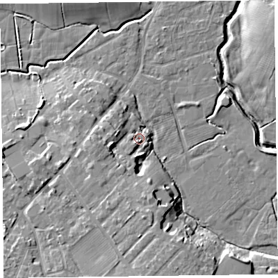 Shaded relief map of the ground around FY67GH, computed from Environment Agency LiDAR. The ground here sits at about 7 m above sea level and falls 12 m across the surrounding 800 m. Surface water reaching this point runs off ground lying to the west-south-west, 7.0 m higher.