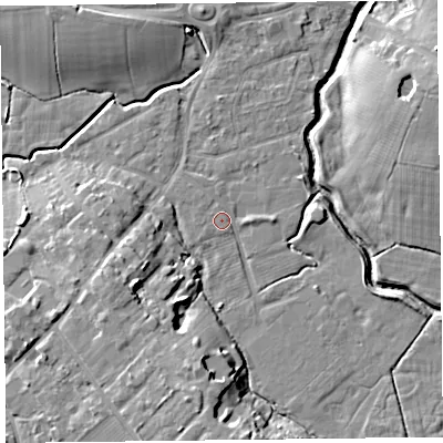 Shaded relief map of the ground around FY67HE, computed from Environment Agency LiDAR. The ground here sits at about 5 m above sea level and falls 12 m across the surrounding 800 m. Surface water reaching this point runs off ground lying to the east, 1.2 m higher.