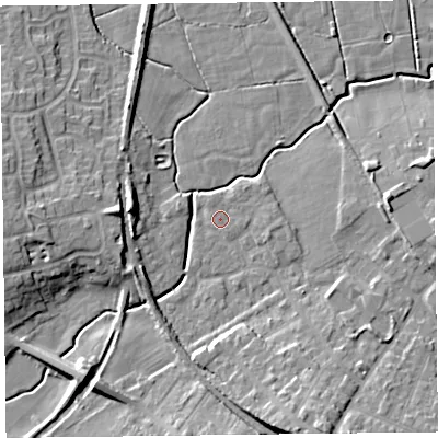 Shaded relief map of the ground around FY67HG, computed from Environment Agency LiDAR. The ground here sits at about 6 m above sea level and falls 12 m across the surrounding 800 m. Surface water reaching this point runs off ground lying to the east-south-east, 1.8 m higher.