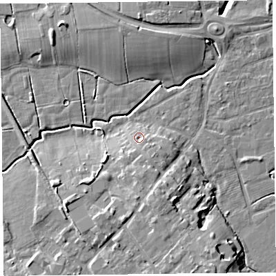 Shaded relief map of the ground around FY67HN, computed from Environment Agency LiDAR. The ground here sits at about 7 m above sea level and falls 12 m across the surrounding 800 m. Surface water reaching this point runs off ground lying to the south-south-east, 5.1 m higher.