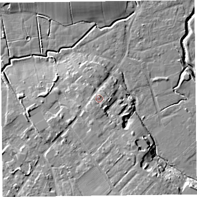 Shaded relief map of the ground around FY67HT, computed from Environment Agency LiDAR. The ground here sits at about 11 m above sea level and falls 12 m across the surrounding 800 m. Surface water reaching this point runs off ground lying to the south-south-west, 1.8 m higher.