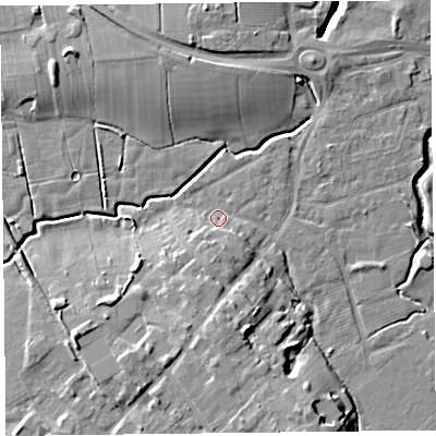 Shaded relief map of the ground around FY67HW, computed from Environment Agency LiDAR. The ground here sits at about 6 m above sea level and falls 11 m across the surrounding 800 m. Surface water reaching this point runs off ground lying to the south, 3.9 m higher.