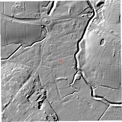 Shaded relief map of the ground around FY67JT, computed from Environment Agency LiDAR. The ground here sits at about 5 m above sea level and falls 11 m across the surrounding 800 m. Surface water reaching this point runs off ground lying to the south-west, 6.9 m higher.