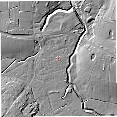 Shaded relief map of the ground around FY67JU, computed from Environment Agency LiDAR. The ground here sits at about 5 m above sea level and falls 12 m across the surrounding 800 m. The ground contributing surface water to this point lies to the north-north-east.
