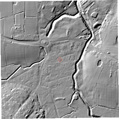 Shaded relief map of the ground around FY67JX, computed from Environment Agency LiDAR. The ground here sits at about 5 m above sea level and falls 11 m across the surrounding 800 m. Surface water reaching this point runs off ground lying to the north-west, 1.9 m higher.