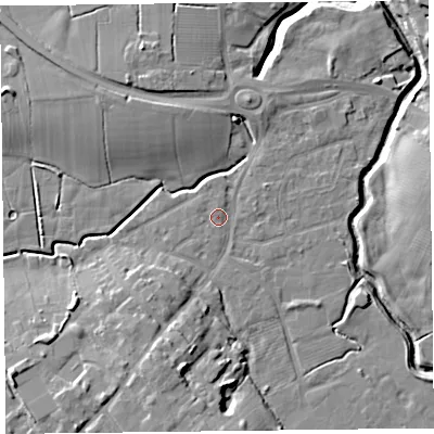 Shaded relief map of the ground around FY67JY, computed from Environment Agency LiDAR. The ground here sits at about 6 m above sea level and falls 11 m across the surrounding 800 m. Surface water reaching this point runs off ground lying to the south-south-west, 6.9 m higher.