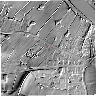 Shaded relief map of the ground around FY67LJ, computed from Environment Agency LiDAR. The ground here sits at about 18 m above sea level and falls 23 m across the surrounding 800 m. Surface water reaching this point runs off ground lying to the north-north-west, 1.2 m higher.