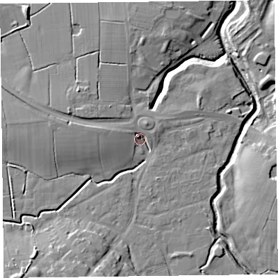 Shaded relief map of the ground around FY67LL, computed from Environment Agency LiDAR. The ground here sits at about 6 m above sea level and falls 10 m across the surrounding 800 m. Surface water reaching this point runs off ground lying to the north-north-west, 4.4 m higher.