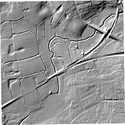 Shaded relief map of the ground around FY67LT, computed from Environment Agency LiDAR. The ground here sits at about 7 m above sea level and falls 9 m across the surrounding 800 m. Surface water reaching this point runs off ground lying to the east, 5.2 m higher.