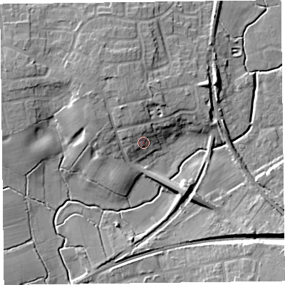 Shaded relief map of the ground around FY67LU, computed from Environment Agency LiDAR. The ground here sits at about 9 m above sea level and falls 12 m across the surrounding 800 m. Surface water reaching this point runs off ground lying to the north-west, 3.6 m higher.