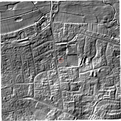 Shaded relief map of the ground around FY67NU, computed from Environment Agency LiDAR. The ground here sits at about 6 m above sea level and falls 10 m across the surrounding 800 m. Surface water reaching this point runs off ground lying to the south-east, 7.3 m higher.