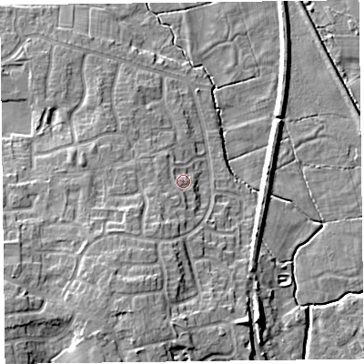 Shaded relief map of the ground around FY67RB, computed from Environment Agency LiDAR. The ground here sits at about 7 m above sea level and falls 10 m across the surrounding 800 m. Surface water reaching this point runs off ground lying to the south-south-west, 3.0 m higher.