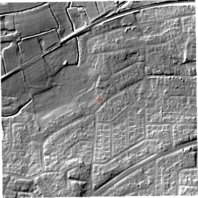 Shaded relief map of the ground around FY67RH, computed from Environment Agency LiDAR. The ground here sits at about 8 m above sea level and falls 17 m across the surrounding 800 m. Surface water reaching this point runs off ground lying to the south-south-west, 9.6 m higher.