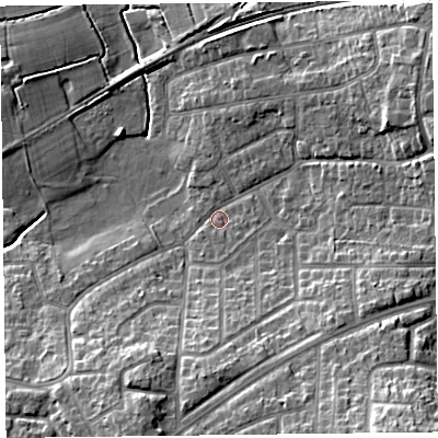 Shaded relief map of the ground around FY67RJ, computed from Environment Agency LiDAR. The ground here sits at about 8 m above sea level and falls 17 m across the surrounding 800 m. Surface water reaching this point runs off ground lying to the south-south-west, 9.6 m higher.
