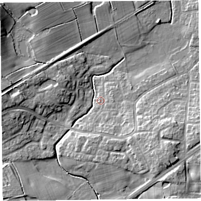 Shaded relief map of the ground around FY67RP, computed from Environment Agency LiDAR. The ground here sits at about 8 m above sea level and falls 12 m across the surrounding 800 m. Surface water reaching this point runs off ground lying to the south-east, 9.3 m higher.