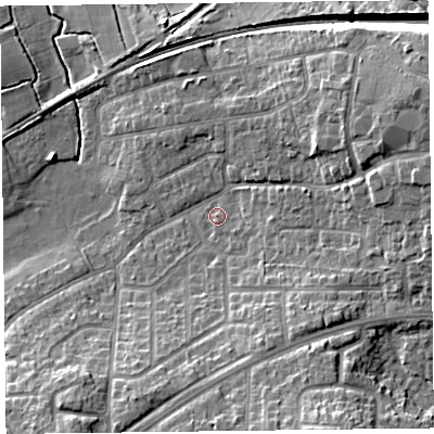Shaded relief map of the ground around FY67RQ, computed from Environment Agency LiDAR. The ground here sits at about 8 m above sea level and falls 15 m across the surrounding 800 m. Surface water reaching this point runs off ground lying to the east-south-east, 2.3 m higher.