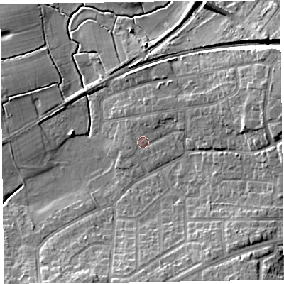Shaded relief map of the ground around FY67RT, computed from Environment Agency LiDAR. The ground here sits at about 8 m above sea level and falls 11 m across the surrounding 800 m. Surface water reaching this point runs off ground lying to the east-north-east, 2.2 m higher.