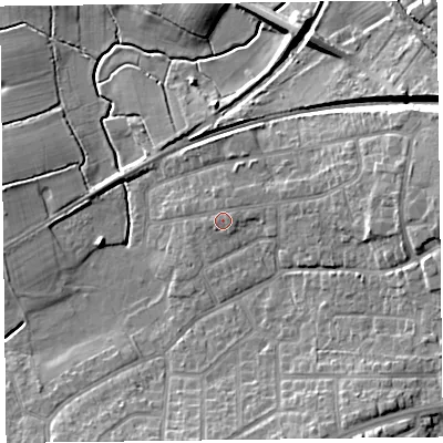 Shaded relief map of the ground around FY67RX, computed from Environment Agency LiDAR. The ground here sits at about 9 m above sea level and falls 11 m across the surrounding 800 m. Surface water reaching this point runs off ground lying to the east, 5.7 m higher.
