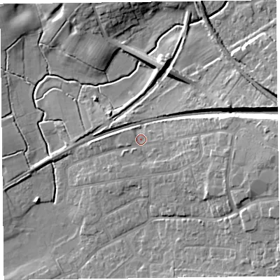 Shaded relief map of the ground around FY67RY, computed from Environment Agency LiDAR. The ground here sits at about 8 m above sea level and falls 12 m across the surrounding 800 m. Surface water reaching this point runs off ground lying to the east-south-east, 4.5 m higher.