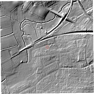 Shaded relief map of the ground around FY67RZ, computed from Environment Agency LiDAR. The ground here sits at about 9 m above sea level and falls 11 m across the surrounding 800 m. Surface water reaching this point runs off ground lying to the east-south-east, 1.5 m higher.