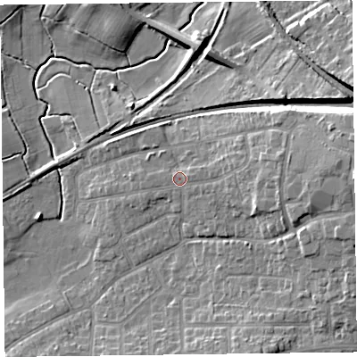 Shaded relief map of the ground around FY67SA, computed from Environment Agency LiDAR. The ground here sits at about 10 m above sea level and falls 14 m across the surrounding 800 m. Surface water reaching this point runs off ground lying to the east, 4.9 m higher.