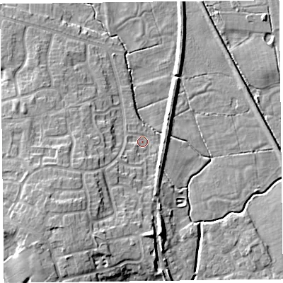 Shaded relief map of the ground around FY67SJ, computed from Environment Agency LiDAR. The ground here sits at about 5 m above sea level and falls 10 m across the surrounding 800 m. Surface water reaching this point runs off ground lying to the south-west, 3.8 m higher.