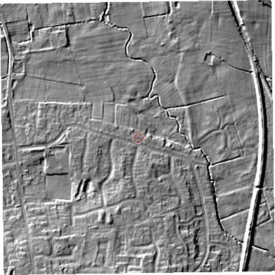 Shaded relief map of the ground around FY67TE, computed from Environment Agency LiDAR. The ground here sits at about 6 m above sea level and falls 9 m across the surrounding 800 m. Surface water reaching this point runs off ground lying to the south-south-west, 3.3 m higher.