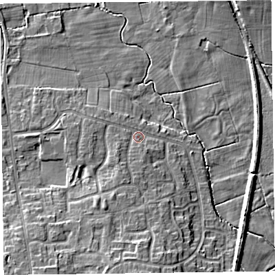 Shaded relief map of the ground around FY67TF, computed from Environment Agency LiDAR. The ground here sits at about 6 m above sea level and falls 8 m across the surrounding 800 m. Surface water reaching this point runs off ground lying to the south-south-west, 3.5 m higher.