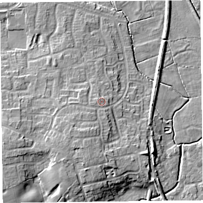 Shaded relief map of the ground around FY67TR, computed from Environment Agency LiDAR. The ground here sits at about 10 m above sea level and falls 10 m across the surrounding 800 m. Surface water reaching this point runs off ground lying to the south-south-west, 3.5 m higher.