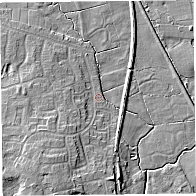 Shaded relief map of the ground around FY67TZ, computed from Environment Agency LiDAR. The ground here sits at about 5 m above sea level and falls 10 m across the surrounding 800 m. Surface water reaching this point runs off ground lying to the south-south-west, 9.5 m higher.