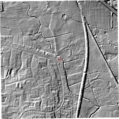 Shaded relief map of the ground around FY67UE, computed from Environment Agency LiDAR. The ground here sits at about 5 m above sea level and falls 9 m across the surrounding 800 m. Surface water reaching this point runs off ground lying to the south-south-west, 8.6 m higher.