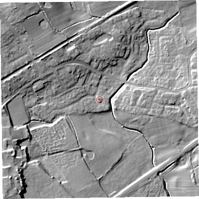 Shaded relief map of the ground around FY67UG, computed from Environment Agency LiDAR. The ground here sits at about 9 m above sea level and falls 16 m across the surrounding 800 m. Surface water reaching this point runs off ground lying to the south-east, 1.0 m higher.