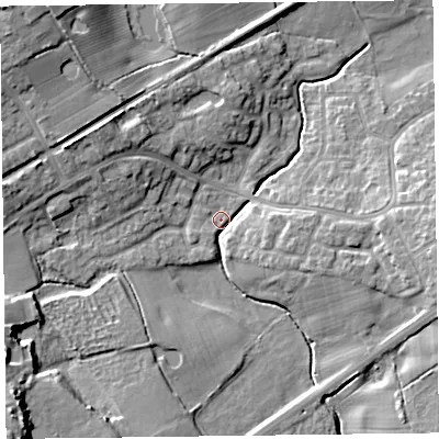 Shaded relief map of the ground around FY67UH, computed from Environment Agency LiDAR. The ground here sits at about 9 m above sea level and falls 15 m across the surrounding 800 m. Surface water reaching this point runs off ground lying to the south-west, 13.1 m higher.