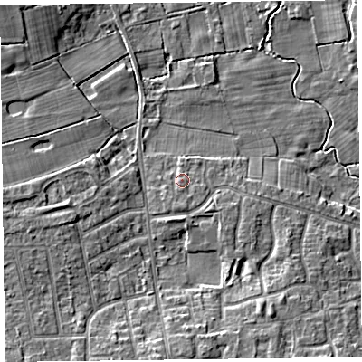 Shaded relief map of the ground around FY67UP, computed from Environment Agency LiDAR. The ground here sits at about 6 m above sea level and falls 7 m across the surrounding 800 m. Surface water reaching this point runs off ground lying to the south, 1.1 m higher.