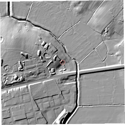Shaded relief map of the ground around FY67XT, computed from Environment Agency LiDAR. The ground here sits at about 6 m above sea level and falls 18 m across the surrounding 800 m. Surface water reaching this point runs off ground lying to the west-north-west, 16.0 m higher.