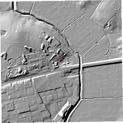 Shaded relief map of the ground around FY67XU, computed from Environment Agency LiDAR. The ground here sits at about 6 m above sea level and falls 18 m across the surrounding 800 m. Surface water reaching this point runs off ground lying to the west-north-west, 15.7 m higher.