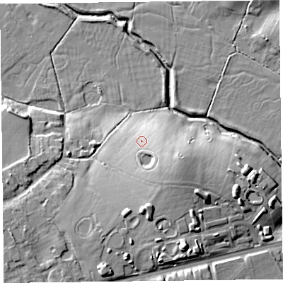 Shaded relief map of the ground around FY67YJ, computed from Environment Agency LiDAR. The ground here sits at about 12 m above sea level and falls 18 m across the surrounding 800 m. Surface water reaching this point runs off ground lying to the south-east, 5.4 m higher.