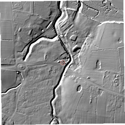 Shaded relief map of the ground around FY67YU, computed from Environment Agency LiDAR. The ground here sits at about 6 m above sea level and falls 15 m across the surrounding 800 m. Surface water reaching this point runs off ground lying to the west, 4.0 m higher.