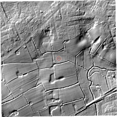 Shaded relief map of the ground around FY67ZD, computed from Environment Agency LiDAR. The ground here sits at about 7 m above sea level and falls 10 m across the surrounding 800 m. Surface water reaching this point runs off ground lying to the north-north-west, 1.0 m higher.