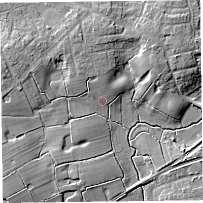 Shaded relief map of the ground around FY67ZF, computed from Environment Agency LiDAR. The ground here sits at about 8 m above sea level and falls 10 m across the surrounding 800 m. Surface water reaching this point runs off ground lying to the north, 3.6 m higher.