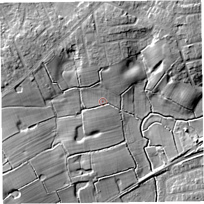 Shaded relief map of the ground around FY67ZL, computed from Environment Agency LiDAR. The ground here sits at about 7 m above sea level and falls 10 m across the surrounding 800 m. Surface water reaching this point runs off ground lying to the south-west, 6.8 m higher.