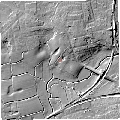 Shaded relief map of the ground around FY67ZY, computed from Environment Agency LiDAR. The ground here sits at about 9 m above sea level and falls 10 m across the surrounding 800 m. Surface water reaching this point runs off ground lying to the north-north-east, 4.4 m higher.