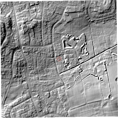 Shaded relief map of the ground around FY68EG, computed from Environment Agency LiDAR. The ground here sits at about 8 m above sea level and falls 13 m across the surrounding 800 m. Surface water reaching this point runs off ground lying to the west-north-west, 8.6 m higher.