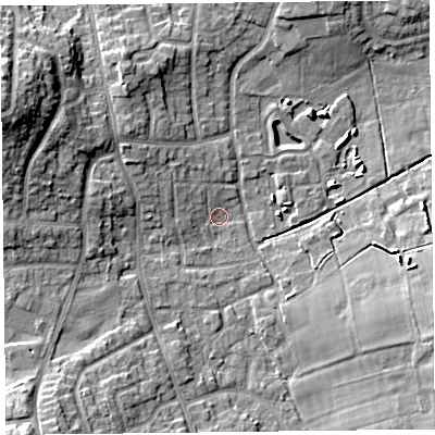 Shaded relief map of the ground around FY68EL, computed from Environment Agency LiDAR. The ground here sits at about 8 m above sea level and falls 16 m across the surrounding 800 m. Surface water reaching this point runs off ground lying to the west-north-west, 14.1 m higher.